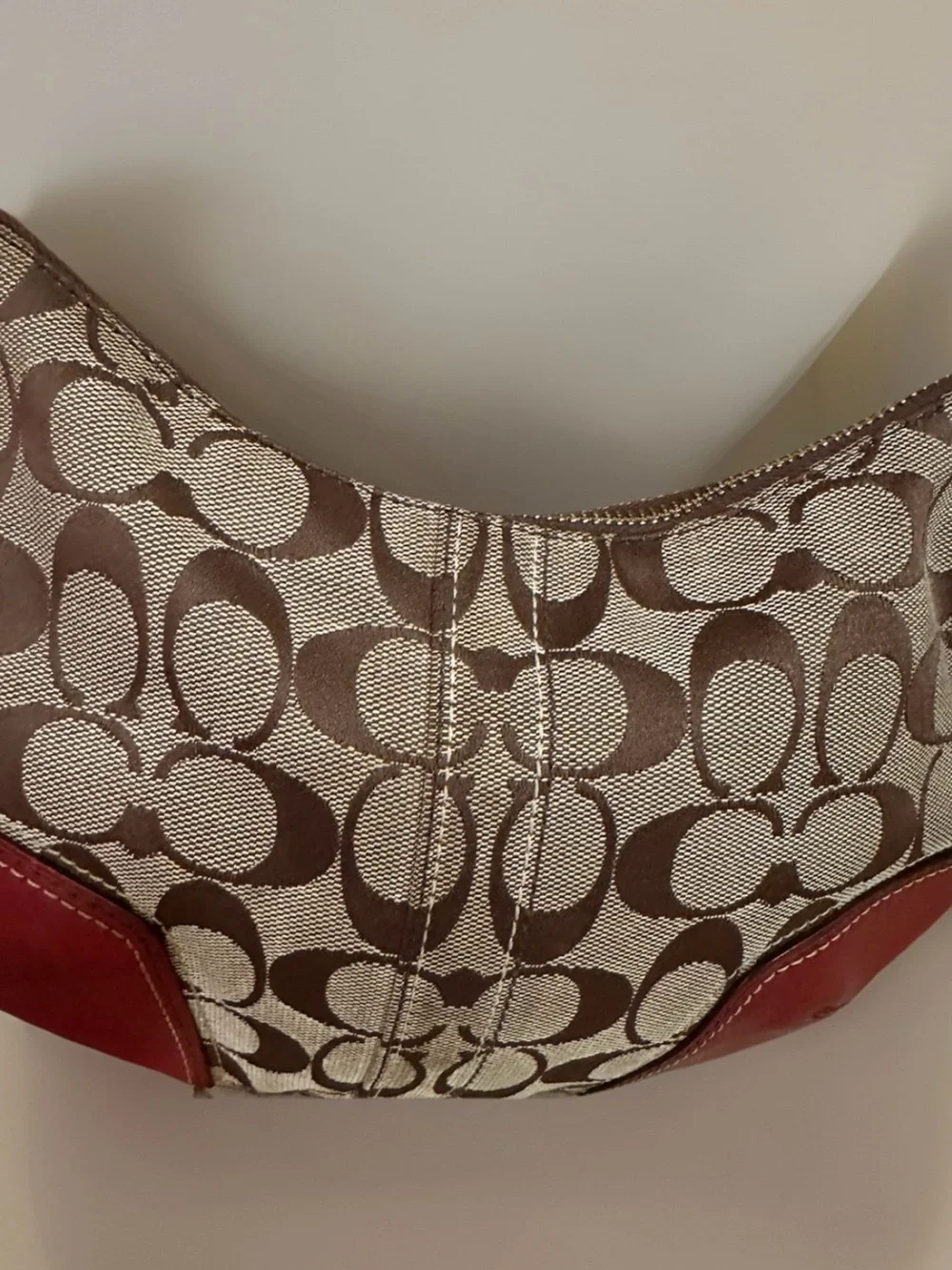 Coach Tan Signature Canvas Hobo with Red Leather Trim Rare Vintage Y2K